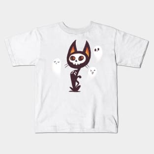 Spooky skeleton black cat with ghosts Kids T-Shirt